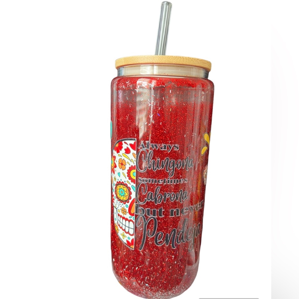 Double wall glass tumbler with straw, handmade with glitter
